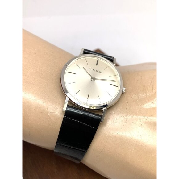 Wittnauer Men's Watch Vintage Swiss Hand Wind Thin 33mm Black Leather Band - Picture 7 of 16